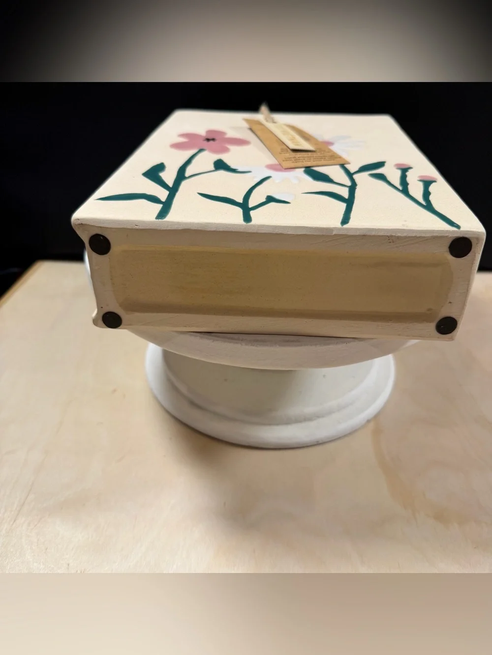 Ceramic Book Vase With Hand Painted Daisy, Cream With Pink & White Flowers